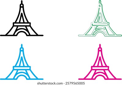 Minimalist Eiffel Tower icons, colorful outlines, black green blue pink variations, simple geometric shapes, vector graphics style, iconic Paris landmarks, clean linear design, stylized architectural 