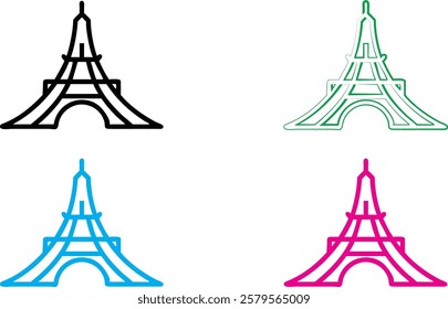 Minimalist Eiffel Tower icons, colorful outlines, black green blue pink variations, simple geometric shapes, vector graphics style, iconic Paris landmarks, clean linear design, stylized architectural 