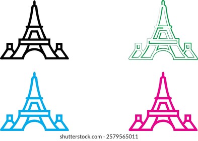 Minimalist Eiffel Tower icons, colorful outlines, black green blue pink variations, simple geometric shapes, vector graphics style, iconic Paris landmarks, clean linear design, stylized architectural 