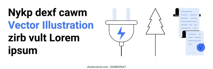 Minimalist electric plug, evergreen tree, and documents with blue checkmarks. Ideal for sustainability, energy, documentation, approval, business, nature, and environmental themes. Landing page