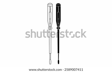 Minimalist electric test screwdriver icon in black and white. Ideal for tool illustrations, electrical work designs, repair shop branding, and technical manuals