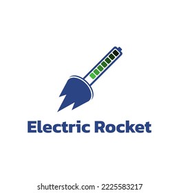 Minimalist electronics industry logo: green battery symbolizes energy efficiency, blue rocket symbolizes innovation, reflects values of sustainability and progress. Editable template for versatility.