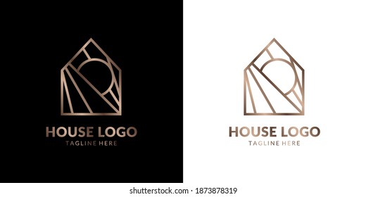 minimalist and elegant abstract line art house with moon or sun logo for real estate, construction, interior, exterior home decoration