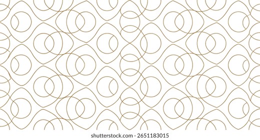 A minimalist and elegant abstract pattern featuring continuous golden lines that form wavy shapes and interlock with circular elements, creating a sense of flow and depth.