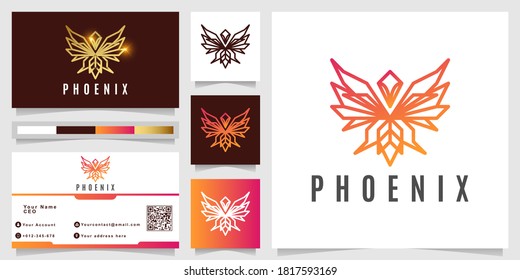 Minimalist elegant abstract phoenix line logo template with business card design