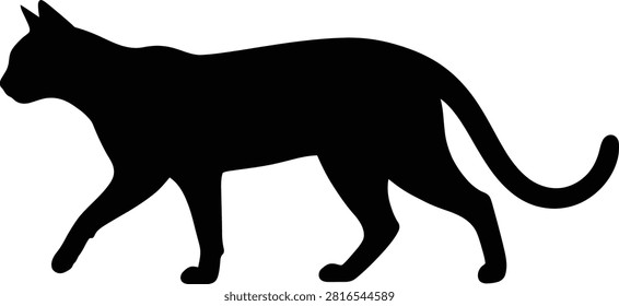A minimalist and elegant black silhouette of a cat walking. This clean vector graphic is perfect for pet-related branding animal shelter logos or decorative wall art designs.