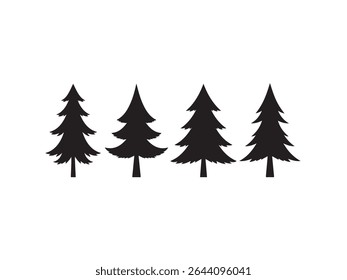 A minimalist and elegant black silhouette of four fir trees stands tall against a clean white background