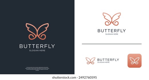 Minimalist elegant butterfly logo design template. Simple doodle line art style logo vector illustration.