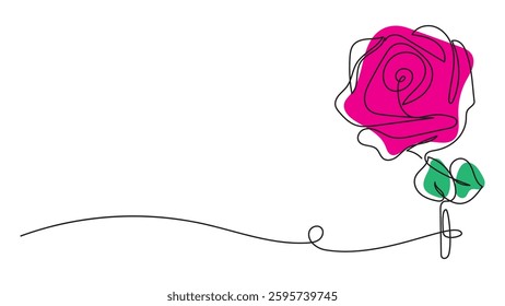A minimalist and elegant continuous line drawing of a rose, accentuated with vibrant pink petals and green leaves. Ideal for adding a touch of sophistication and natural beauty to any design project.