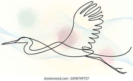 Minimalist elegant continuous line drawing a flying crane bird with abstract wavy flight wings