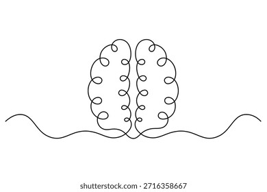 Un minimalista y elegante dibujo de líneas continuas representa la compleja forma de un cerebro humano, representado en una sola línea negra ininterrumpida contra un fondo blanco. La representación abstracta enfatiza las intrincadas convoluciones del cerebro, simbolizando los procesos de pensamiento, la inteligencia y la función cognitiva. La simplicidad del diseño transmite un sentido de claridad y enfoque, lo que lo convierte en un elemento visual versátil para conceptos relacionados con la psicología, el aprendizaje, la innovación y el bienestar mental. El estilo artístico destaca la conectividad y el flujo de ideas, ofreciendo una interpretación moderna y simbólica del órgano central del sistema nervioso.