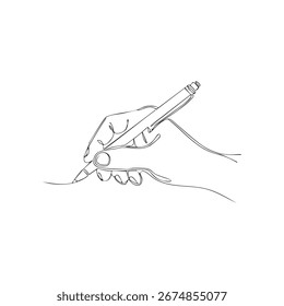 A minimalist and elegant continuous one-line drawing of a hand holding a pen. This simple sketch symbolizes writing, creativity, education or signing a document.
