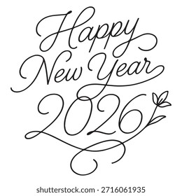 Un diseño minimalista y elegante con la frase "Feliz año Nuevo 2026" escrita en una hermosa y fluida caligrafía negra sobre un fondo blanco. Incluye remolinos decorativos.