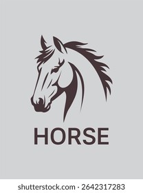 Minimalista e elegante, apresenta uma ilustração vetorial da cabeça de um cavalo em um estilo monocromático, com linhas fluidas e detalhadas que transmitem força e nobreza.  