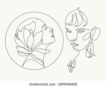 Minimalist elegant Feminine beauty cosmetics Logo. Plant Botanical label. Line Art Woman. Flower Head Vector