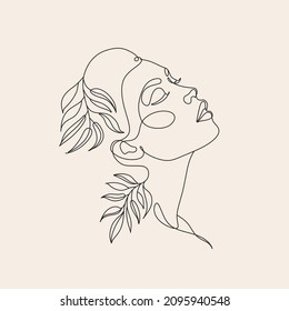 Minimalist elegant Feminine beauty cosmetics Logo. Plant Botanical label. Line Art Woman. Flower Head Vector