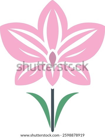 A minimalist and elegant floral logo featuring a stylized orchid in soft pink with clean, symmetrical lines. The design showcases smooth curves and intricate petal details, complemented by two green 