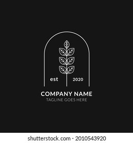 Minimalist and elegant floral logo template. Branch with leaves illustration. white vector on dark background. for badges, labels, logotypes and business branding identity.