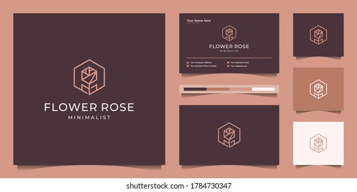 Minimalist elegant flower rose line art style. luxury beauty salon, fashion, skincare, cosmetic, yoga and spa products. logo design and business card Premium Vector