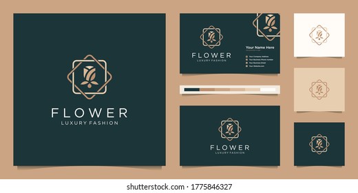 Minimalist elegant flower rose luxury beauty salon, fashion, skincare, cosmetic, yoga and spa products. logo design and business card Premium Vector