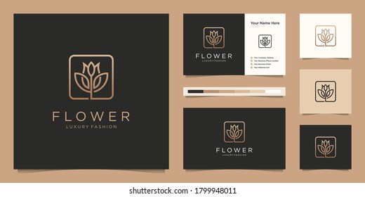 Minimalist elegant flower rose luxury beauty salon, fashion, skincare, cosmetic, yoga and spa products. logo design and business card Premium Vector