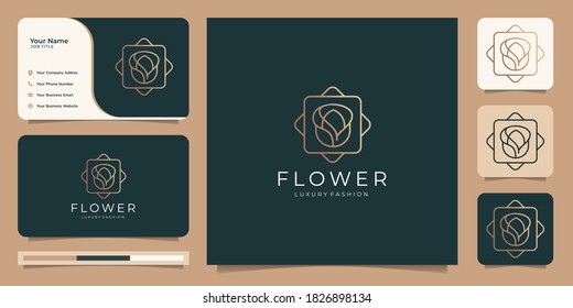 Minimalist elegant flower rose luxury beauty salon, fashion, skin care, cosmetic, yoga and spa products with business card.Premium Vector