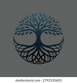 A minimalist and elegant graphic illustration of a Tree of Life, featuring symmetrical branches with leaves and complex, interwoven roots in a circular shape.