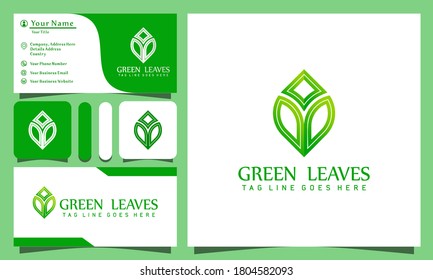 minimalist elegant green nature leaves logos design vector illustration with line art style vintage, modern company business card template