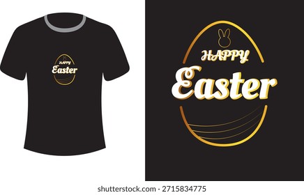 Un diseño de camiseta minimalista y elegante "Feliz Pascua" con tipografía dorada encerrada dentro de una silueta de huevo dorado. El diseño se presenta como un gráfico independiente y una maqueta en una camiseta negra, destacando su idoneidad para la ropa, la Mercancía navideña y los estampados de moda. Este gráfico de temporada lujoso y moderno es perfecto para celebraciones de Pascua, marcas de ropa y regalos festivos.