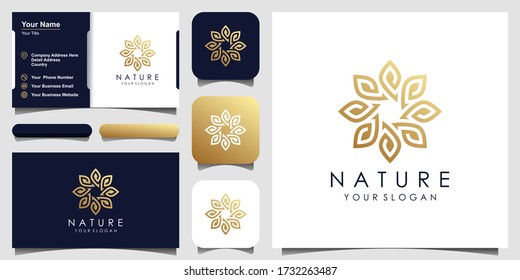 Minimalistisch elegantes Design mit Blütenlogo für Schönheit, Kosmetik, Yoga und Spa. Logo-Design und Visitenkarte
