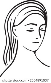 Minimalist and elegant line art depicting a woman's serene profile with closed eyes. Simple black lines on a white background convey peace, simplicity, and modern artistic expression.