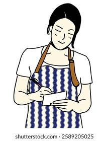 A minimalist and elegant line art illustration of a female waitress serving in a café or restaurant. Perfect for use in menu designs, restaurant branding, and hospitality related projects