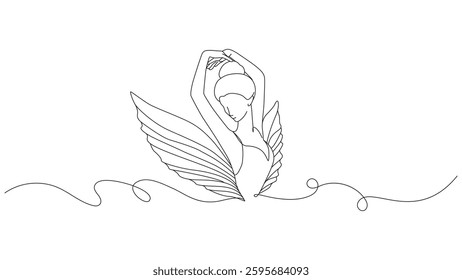 A minimalist and elegant line art illustration of a winged woman figure in a graceful pose. The continuous line creates a sense of fluidity and simplicity, capturing the essence of form and movement.