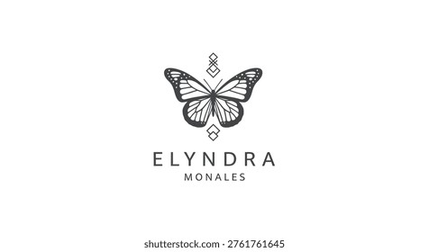 A minimalist and elegant logo design featuring a stylized butterfly, geometric shapes, and the text 'ELYNDRA MONALES' on a clean white background.