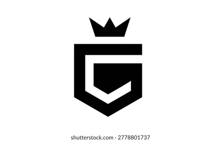 A minimalist and elegant logo design featuring a stylized black letter G integrated within a geometric shield shape, surmounted by a crown, all on a white background. This versatile graphic is ideal for branding, corporate identity, security services, gaming, or any business seeking a regal and protective symbol with a prominent initial.