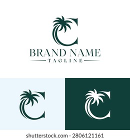 A minimalist and elegant logo design featuring the letter C integrated with a palm tree silhouette, perfect for travel, resort, or lifestyle brands.