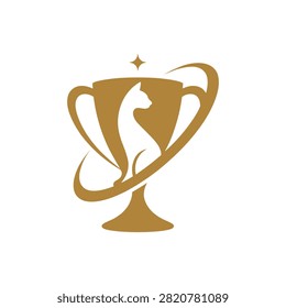 A minimalist and elegant logo design featuring a golden trophy cup with a cat silhouette integrated into the center, isolated on white background.
