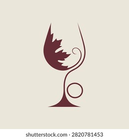 A minimalist and elegant logo design featuring a wine glass silhouette integrated with a maple leaf and a decorative vine swirl, perfect for wineries.