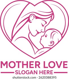 Um design de logotipo minimalista e elegante em rosa, com o contorno de uma mãe segurando seu bebê dentro de uma forma de coração