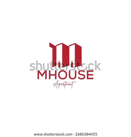 A minimalist and elegant logo design representing an 'M' for Mhouse, symbolizing modern architecture and apartment buildings. The red color palette conveys professionalism and trustworthiness, ideal