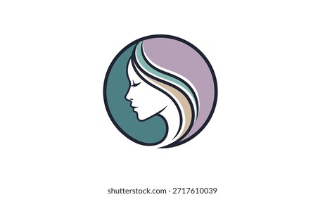 Logotipo minimalista y elegante con el perfil de una mujer con el pelo largo y suelto, encerrado en forma circular.