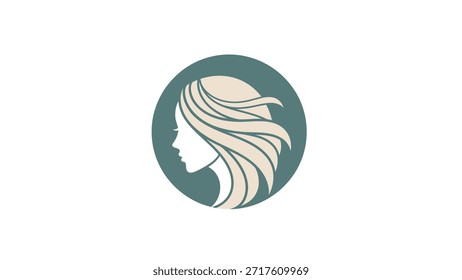 Um logotipo minimalista e elegante com o perfil lateral de uma mulher com cabelo longo e fluido, situado dentro de um quadro circular, sugerindo beleza, graça e movimento natural.