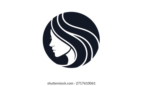 Um logotipo minimalista e elegante com a silhueta do perfil de uma mulher com cabelo fluido, fechado dentro de um círculo perfeito, representando beleza, graça e sofisticação.