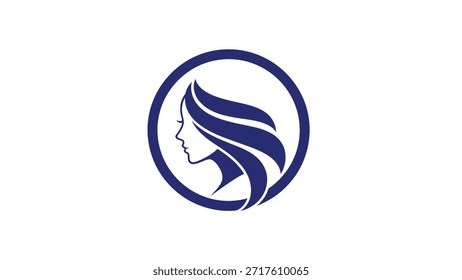 Um logotipo minimalista e elegante com o perfil de uma mulher com cabelo fluido, fechado dentro de uma moldura azul circular, simbolizando beleza, graça e feminilidade.