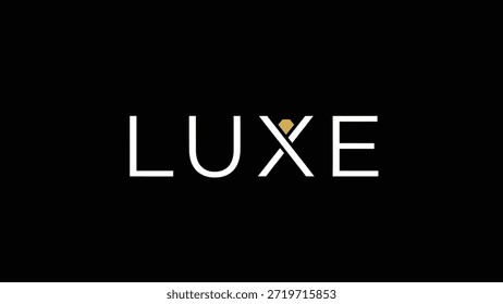 A minimalist and elegant logo featuring the word 'LUXE' in white, with a small gold diamond replacing the 'X'. The dark background emphasizes the