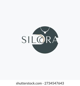 Minimalist and elegant logo for 'Silora' featuring a delicate necklace pendant within a dark circular emblem, accented by abstract golden swirls.