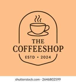 Um logotipo minimalista e elegante para "The Coffeeshop", criado em 2024. Apresenta um contorno marrom simples de uma xícara de café fumegante dentro de um quadro arredondado em um fundo de pêssego quente.
