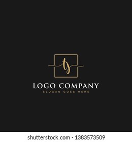 Minimalist elegant luxurious handwritten Initials letters TJ linked inside square line box vector logo designs inspirations in gold colors for brand, hotel, boutique, jewelry, restaurant or company
