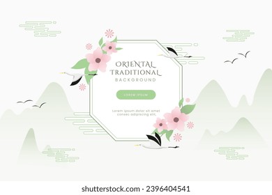 Minimalist and elegant oriental traditional banner composed of mountain, lampion, flowers, birds, clouds. Oriental elements background for web, promotion, cover, flyer, poster and card.