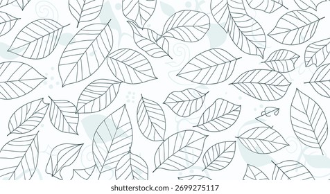 Minimalist and elegant seamless pattern with hand-drawn, outlined leaves scattered across a clean, white background design.